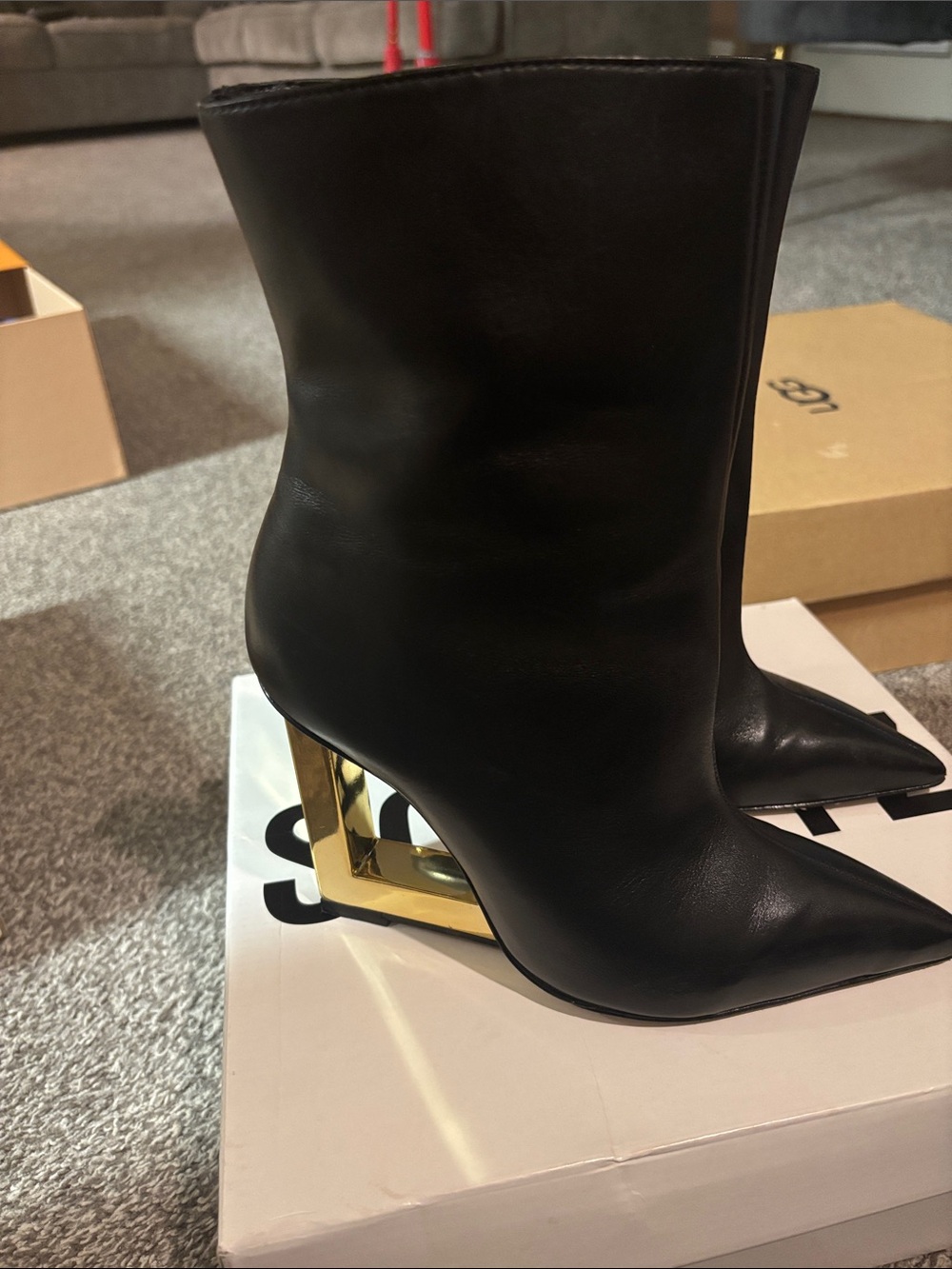 SCHUTZ Black Leather Pointed Ankle Boots with Gold Sculptural Heel